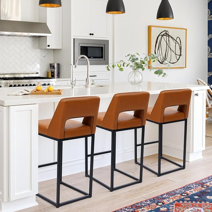 Counter Height Bar Stools Set of 2 for Kitchen Counter Modern Bar Chairs with Backs for Kitchen Island with Upholstered Faux Leather Seat and Metal Frame, 26 Inch, Light Brown