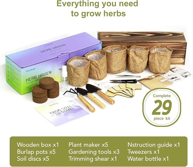 5 Herb Garden Kit with Wooden Box - Including Basil, Thyme, Parsley, Rosemary, Mint, Window Herb Garden for Kitchen, Gardening Gifts for Mom Women, Men, Gift Ideas for Christmas, Housewarming