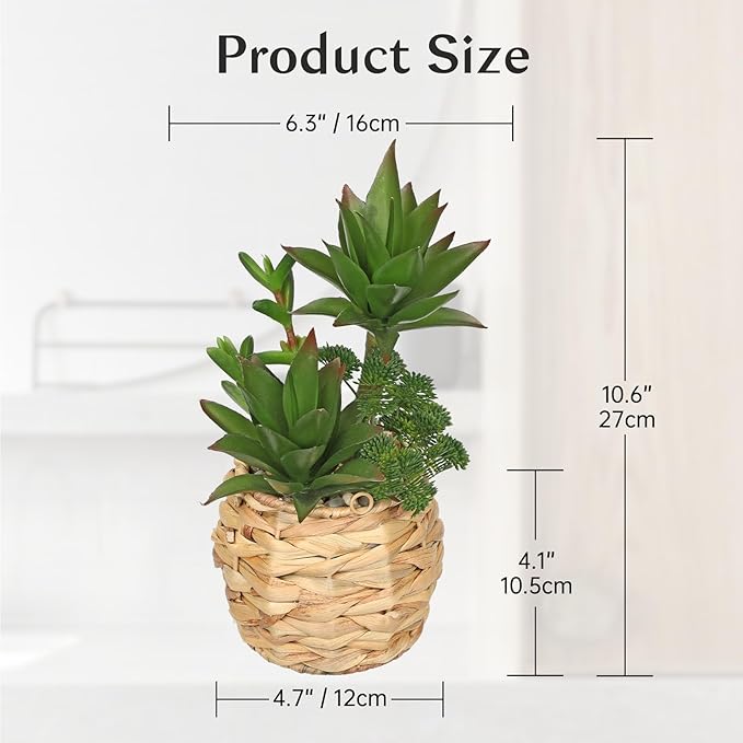 10" Large Succulents Plants Artificial in Wooden Pots, Fake Succulents in Woven Pots, Faux Succulent Artificial Plants Indoor for Home, Bedroom, Living Room, Bathroom Desk Shelf Table Decor