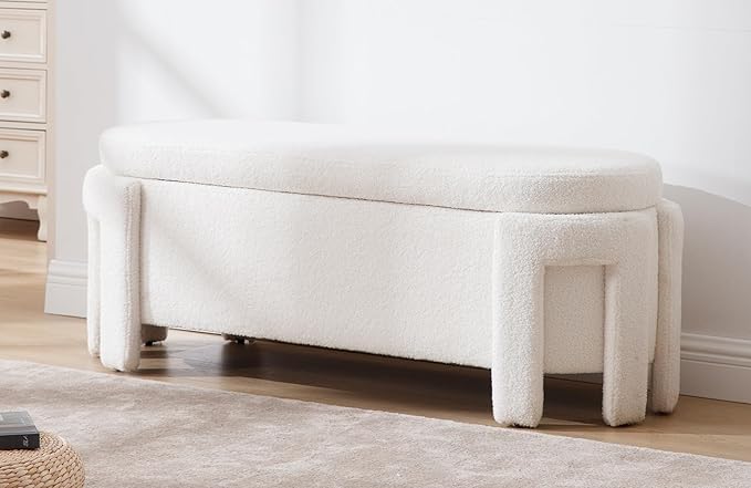 Modern Sherpa Storage Ottoman Bench for Bedroom 47.25 in Comfy Boucle Upholstered Entryway Bench with Storage for End of Bed/Living Room/Lounge/Window Corner, White
