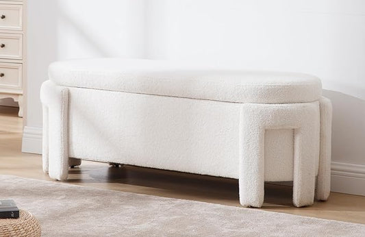 Modern Sherpa Storage Ottoman Bench for Bedroom 47.25 in Comfy Boucle Upholstered Entryway Bench with Storage for End of Bed/Living Room/Lounge/Window Corner, White