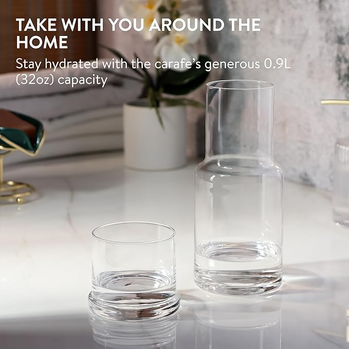 Elixir Glassware Bedside Water Carafe and Glass Set with Integrated Cup - Water or Mouthwash Dispenser for Nighstand or Bathroom - Handblown Glass Pitcher with Tumbler - Clear
