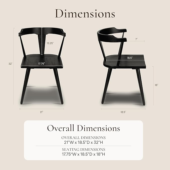 POLY & BARK Mid Century Modern Enzo Black Dining Chair – Solid Oak Wood Splat Back Chair, 18" Seat Height, 32" Tall – Stylish MCM Kitchen & Dining Room Chair - Set of 4