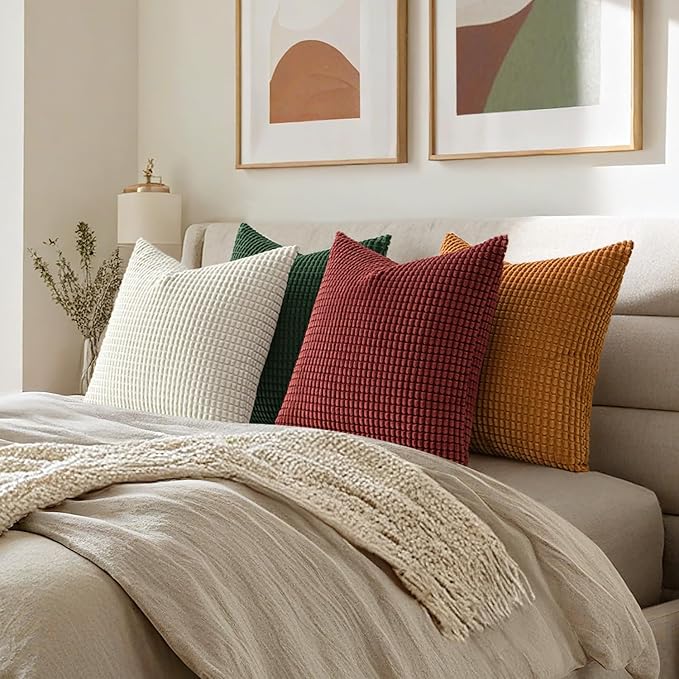 MIULEE Modern Farmhouse Decorative Pillow Covers 18x18 Inch Set of 4 Natural Rustic Throw Pillows Neutral Warm Soft Corduroy Couch Pillowcases Home Decor for Sofa Living Room Bed Christmas Red