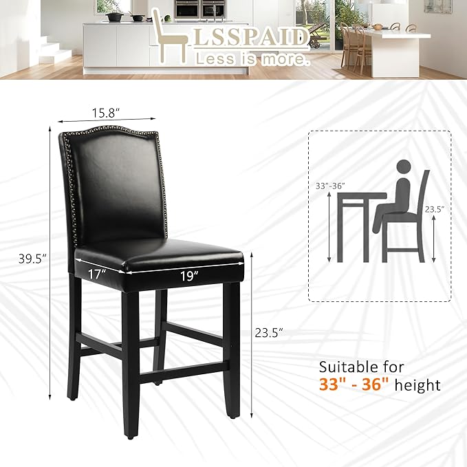 LSSPAID Counter Height Bar Stools Set of 4, 23.5 Inch Pu Upholstered Barstools, Kitchen Island Chairs with Bronze Nail Backrest and Solid Wood Legs for Kitchen Pub Home Cafe, Black