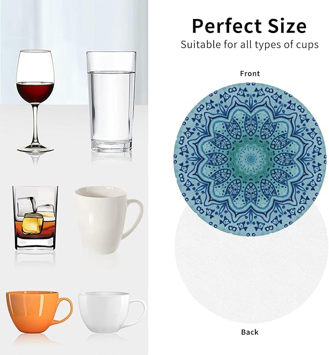 Mandala Boho Blue Purple Coasters Set of 6 Coasters for Drinks Absorbent Double-Sided Leather PVC Coaster for Tabletop Protection Coffee Table Decor Ideal for Home Decor House Warming Gifts
