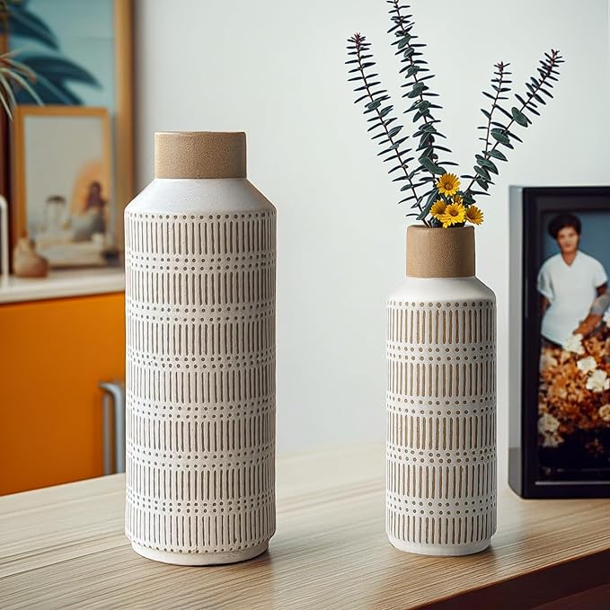 Rustic Ceramic Vase Set of 2 for Living Room Bedroom 15.75'' and 11.02'' Farmhouse Flower Bouquet Vases for Fake Plant Home Decor Office Fireplace Centerpieces Retro Vintage Modern Gift