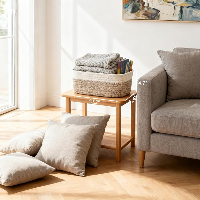 4-Piece Storage Shelf Basket Set, Natural Cotton Rope Woven Basket with Handle, Decorative Rectangle Organizer Bin for Home, Nursery, Montessori, Pet Toy Storage and Bathroom Organization, White&Brown