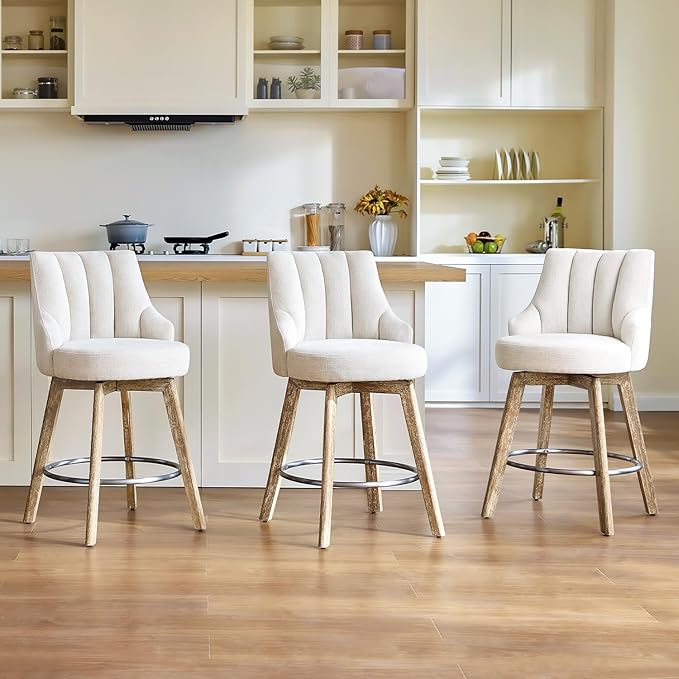 IWOOD Counter Height Bar Stools,Swivel Bar Stools with Backs,Barstools Set of 3,26'' Solid Wood Legs,Thick Seat Upholstered Linen Fabric Counter Height Stools in Beige