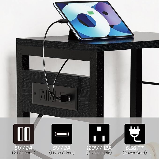 End Table with LED Light,Record Player Stand with Charging Station,Vinyl Records Storage,Turntable Stand Albums Storage for Music Room Studio-Industry Black