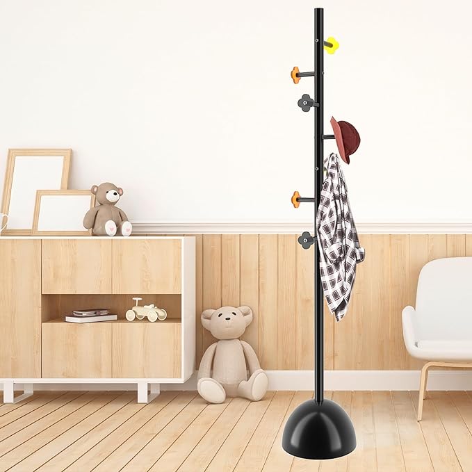 Metal Coat Rack Stand with Ball Base, Modern Coat Rack Freestanding, Heavy Duty Coat Racks with 8 Acrylic Hooks, Coat Hall Tree Hanger Stand for Entryway, Office