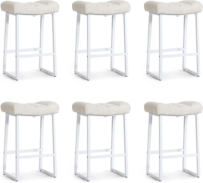 White & Beige Counter Height Bar Stools Set of 6 for Kitchen Counter Modern Backless Barstools with Upholstered Faux Leather Seat and Metal Frame Industrial 24 inch Bar Chairs