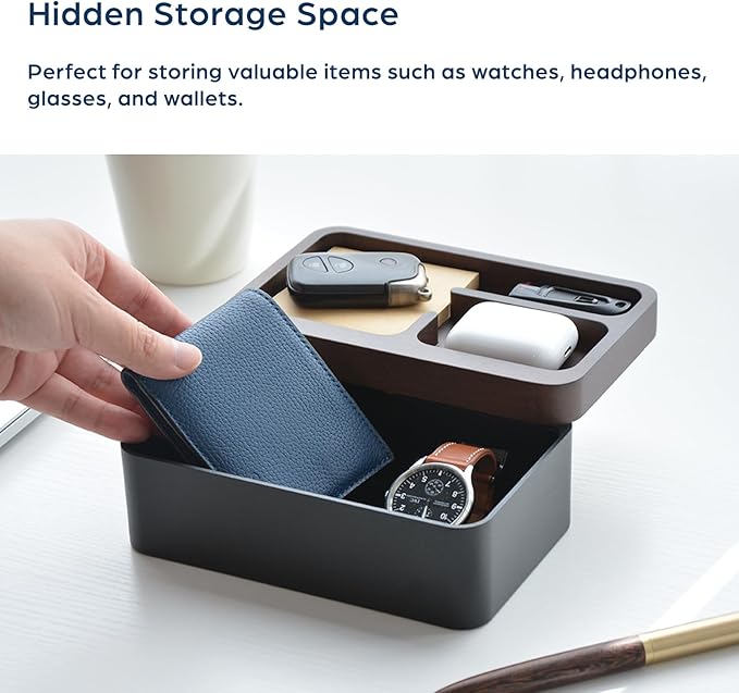 mordeco Revov Tray Box, EDC Valet Tray Box with Authentic Wood Magnetic Rotating Lid, Office Table, EDC Gear Organizer, Home Office, Desk Accessories (White)