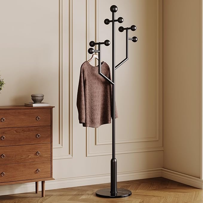 Modern Coat Racks,Coat Rack Freestanding with Marble Base,coat tree freestanding heavy duty,Metal Coat hanger Stand with 8 Ball hooks for Bags,Jacket,Clothes,Hats
