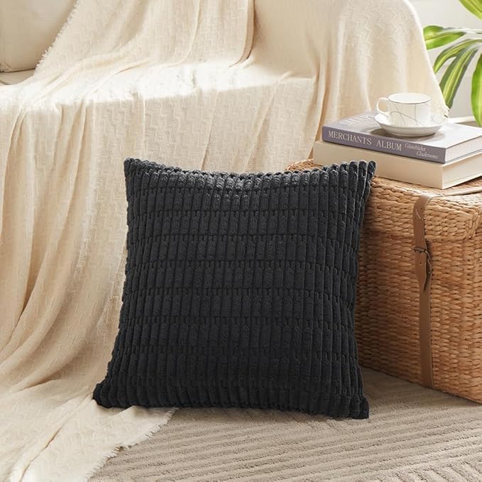 Fancy Homi 4 Packs Boho Black Decorative Throw Pillow Covers 18x18 Inch for Living Room Couch Bed Sofa, Rustic Modern Farmhouse Home Decor, Soft Plush Corduroy Cute Square Cushion Case 45x45 cm
