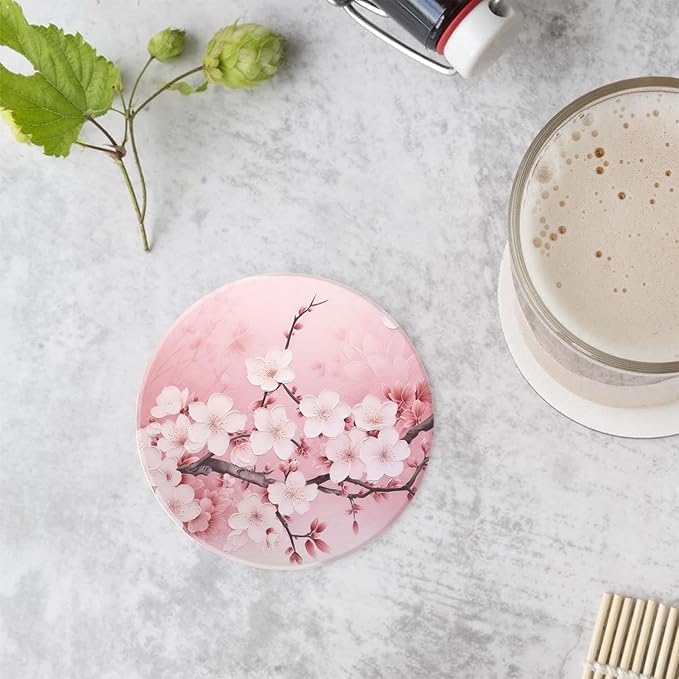 Drinking Coasters with Holder Round Water Absorbent Marble Ceramic Coasters Tabletop Protection(Cork Base),Blooming Pink Cherry Blossom Flowers,Suitable for Various Mugs,Home Decor，4 Inch