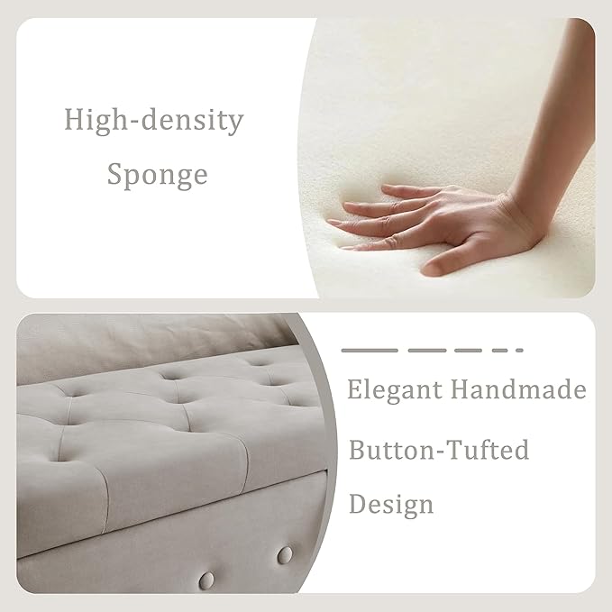 Modern Upholstered Storage Ottoman Bench, Velvet 63-inch Storage Bench with Rolled Arms for Bedroom End of Bed, Button-Tufted Ottoman with Storage for Living Room, Entryway, Gray