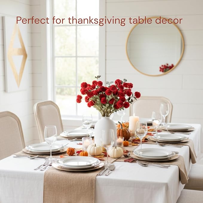 RyddeligHome Burgundy Flowers Artificial 10 Long Stems + Eucalyptus, Thanksgiving Centerpieces for Tables, Wine Colored Silk Flowers for Burgundy Decor, Fall Table Centerpieces, Dark Red Faux Mums