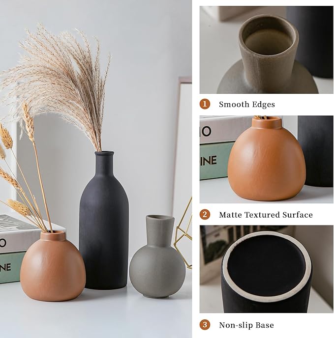 Ceramic Flower Vase Set of 3, Home Decor Vases for Centerpieces, Tulips Flowers Pampas Grass Decor, Boho Rustic Farmhouse Kitchen Bedroom Bathroom Living Room Office Wall Decor Aesthetic -Black