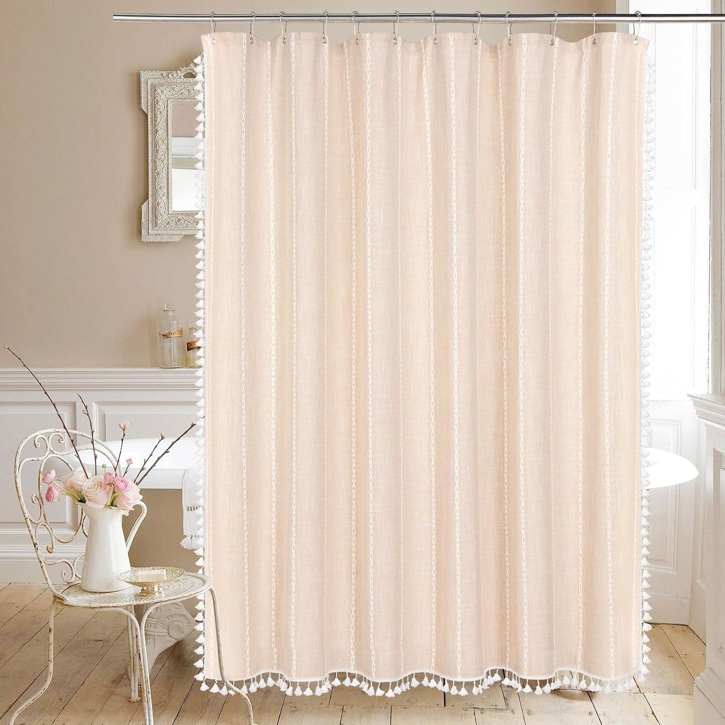 MitoVilla Beige Boho Long Shower Curtain 72 x 78, Cream Farmhouse 78 inch Long Polyester Linen Fabric Shower Curtains with Tassel for Chic Cottagecore French Country Bathroom Decor