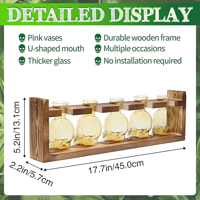 Plant Terrarium Propagation Stations Halloween Skull Planter Vase Skulls Decor with Wooden Stand Gife for Father - 5 Vases