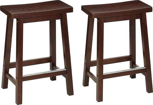 Amazon Basics Solid Wood Saddle-Seat Kitchen Counter Barstool with Footrest, Easy Assembly - 24-Inch Height - Walnut - Set of 2