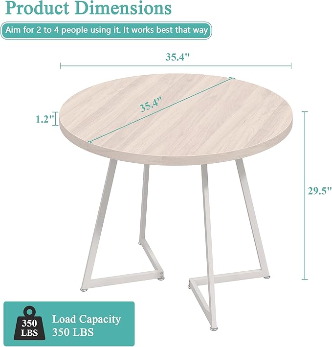 VECELO 35" Round Dining Table for 4, Wood-Grain Tabletop & Heavy-Duty Steel Frame, for Kitchen, Living Room, Easy Assembly, Natural & White