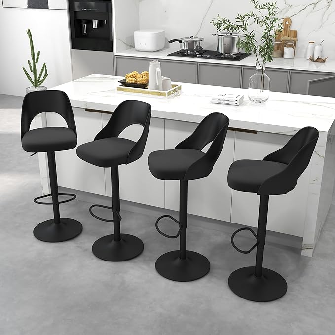 civama Bar Stools Set of 4 for Kitchen Counter, Seat Height Adjustable 25''-33'', Modern Upholstered Swivel Island Chairs with Hollow Backrest Metal Base, Black