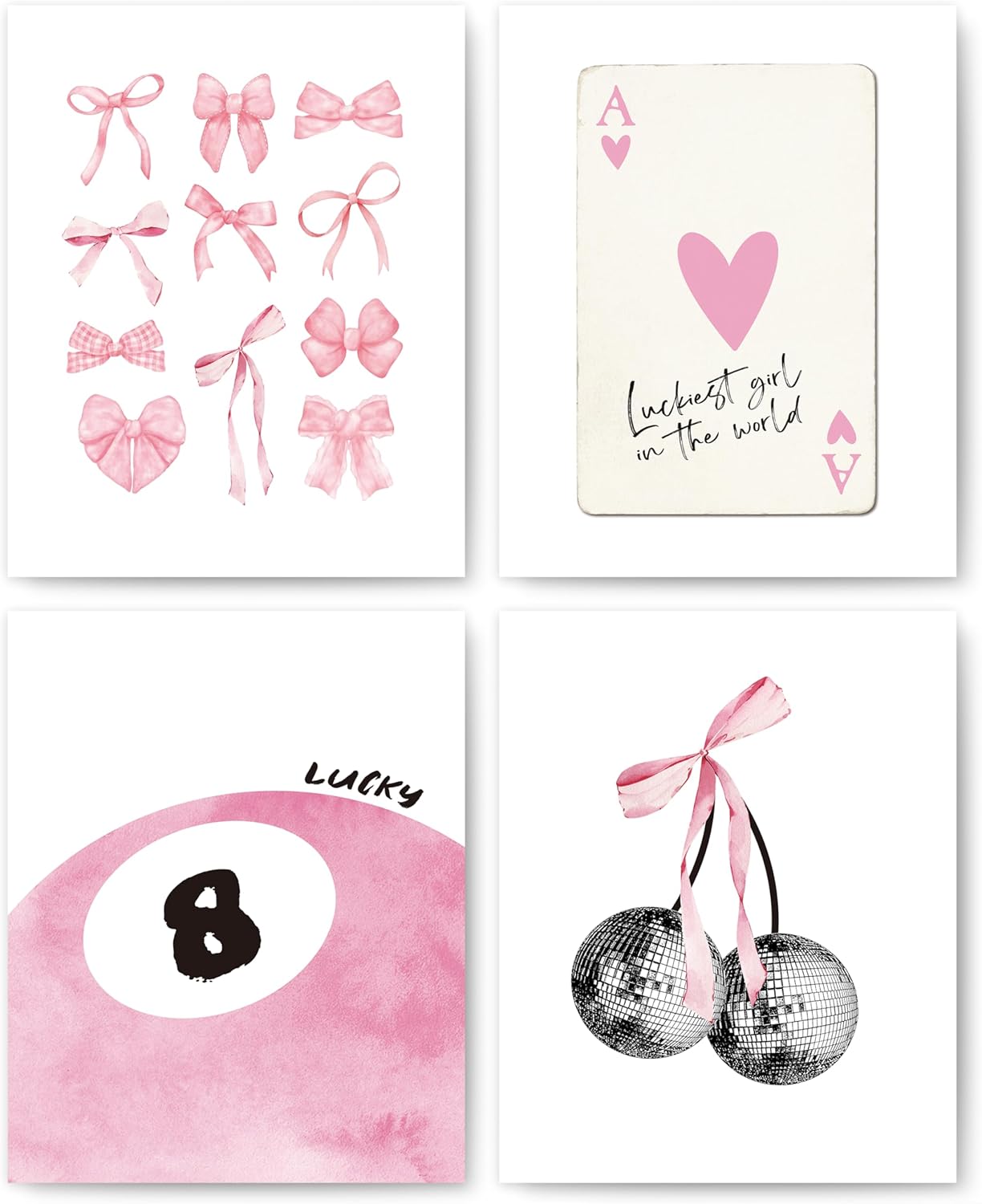 Pink Coquette Trendy Preppy Wall Art Prints Set of 4, Coquette Room Decor, Preppy Room Decor Aesthetic, Pink Bow Disco 8 Ball Cherry Wall Decor Posters for Girls Bedroom Dorm, 8x10 Unframed