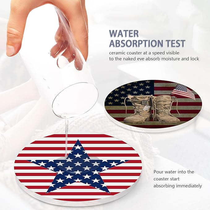 Drink Coasters Set of 6 with Holder, American Flag Eagle Absorbent Ceramic Drink Coaster for Tabletop Protection,Suitable for Kinds of Cups,Drinks Coasters for Home Office Decoration(4 Inches)