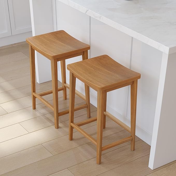 Plank+Beam Smythe Counter Stool, 24", Set of 4, Sturdy Wood Modern Kitchen Counter Height Stool, Saddle Seat Backless Counter Chair, Metal Footrest, Pecan
