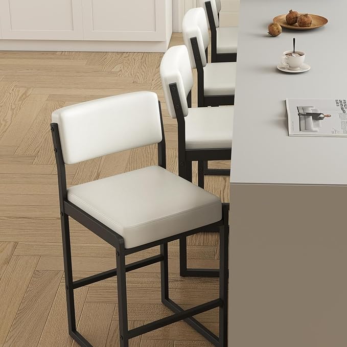 Mid Century Modern Counter Height Bar Stools Set of 3, 26" Bar Height Chairs with Backs, Upholstered Counter Stools, Metal Barstools for Kitchen Island (White- Faux Leather, 26"H - Set of 3)