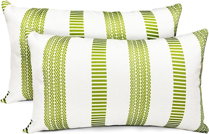 Decorative Throw Pillow Covers Set of 2 Grass Green Boho Striped Pillow Covers 12x20 Inch Throw Pillow Cover Linen Pillowcase Farmhouse Outdoor Pillow Covers for Couch Sofa Living Room