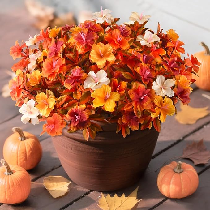 Artificial Fake Fall Flowers for Outdoor Decor 8 Bundles UV Resistant Artificial Plants Outdoor Look Real Faux Silk Autumn Flowers for Porch Planters Garden Yard Decorations