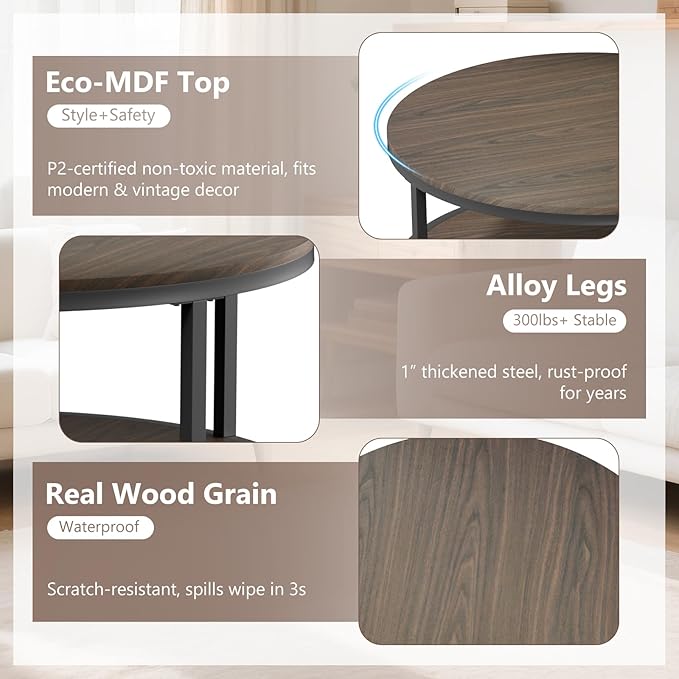 NSdirect 36 inches Round Coffee Table, Rustic Wooden Surface Top & Sturdy Metal Legs Industrial Sofa Table for Living Room Modern Design Home Furniture with Storage Open Shelf (Black Walnut, 36 in)