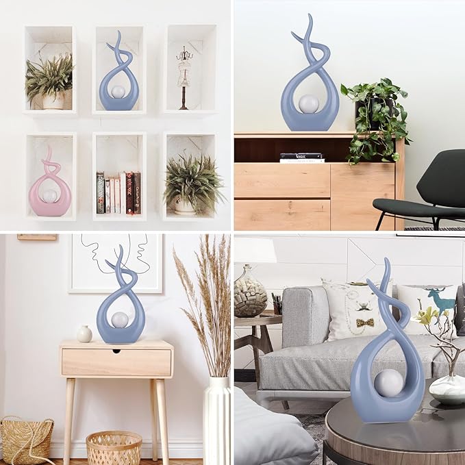 Blue White Modern Sculpture Table Decorations, Ceramic Knick Knacks Statues for Living Room Decor, Tv Stand and Desk Decor, Suitable for Coffee Tables and Shelf Decorations, Great Gift Idea