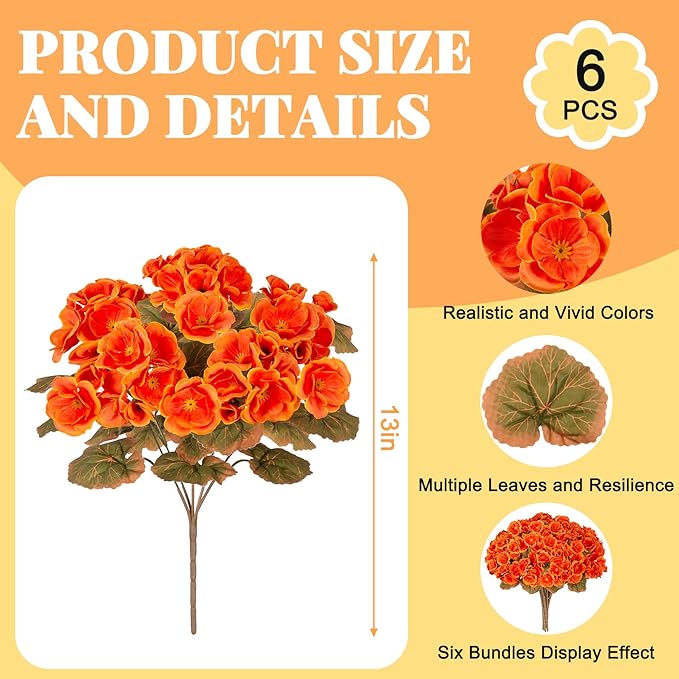 Fake Fall Flowers Artificial for Outdoors Decoration, 6 Bundles Faux Geranium Silk Flower Outside UV Resistant No Fade Artificial Floral for Home Garden Balcony Indoor Table Centerpieces Decor