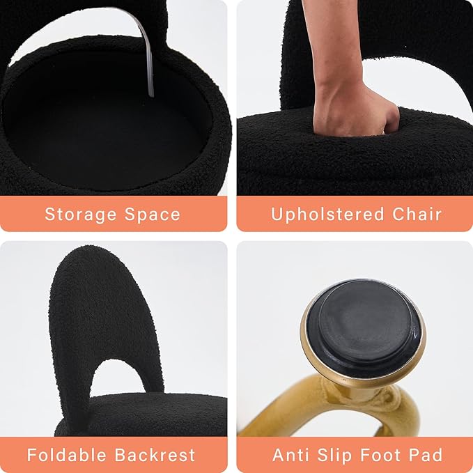 Storage Ottoman Vanity Stool Chair with Folding Back Teddy Velvet Makeup Chair Multifunctional Upholstered Footstool for Bathroom Vanity Bedroom Living Room Entryway