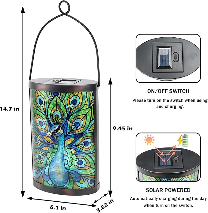 Afirst Solar Lantern Outdoor, Hanging Glass Peacock Solar Lights Waterproof Led Lamp for Garden Yard Tree Desk Decor