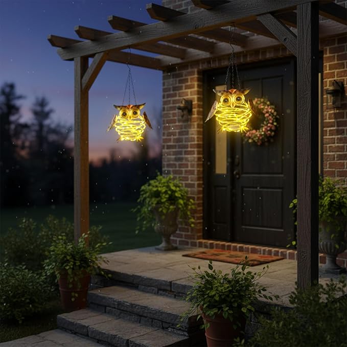 2 Pack Owl Solar Lights Outdoor Hanging Lantern with Handle, Solar Powered Owl Garden Decor for Outside Patio Yard Porch Pathway Butterfly Gifts for Women (Warm White LED Lights)