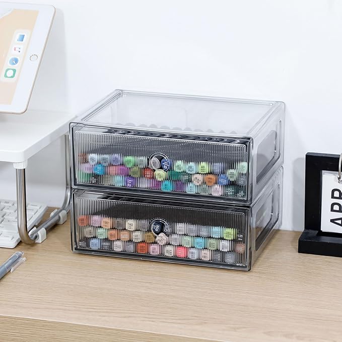 Clear Desk Organizers and Accessories, Plastic Drawer Storage Bins for Home Office Supplies, Marker Pen, Art Crafts, Makeup, Stackable Container for Bathroom, Cabinet, Pantry, 2 Drawers