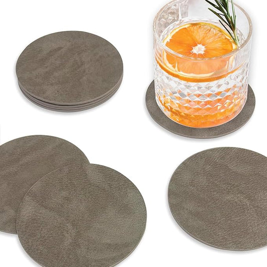 Set of 8 Morgan Faux Leather 4 Inch Round Coasters, Heat & Water Absorbent, Natural Style, Drinks Tabletop Home Dinning, Grey