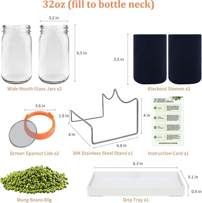 Seed Sprouting Kit with Mung Beans 80g, 2 Large Wide Mouth Mason Jars with Sprout Lids, Blackout Sleeves, Drain Tray, Stainless Steel Stand, Sprouts Growing Kit for Growing Bean Alfalfa Sprout Seeds