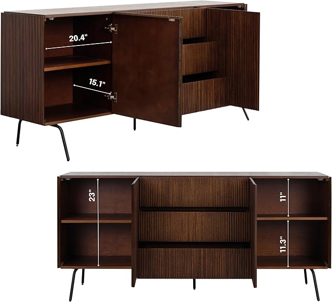 NTC Veil Sideboard with 2 Doors and 3 Drawers, Buffet Cabinet with Vertical Groove Design and Metal Legs, Storage Cabinet for Living Room, and Entryway, Effortless Assembly - Dark Walnut