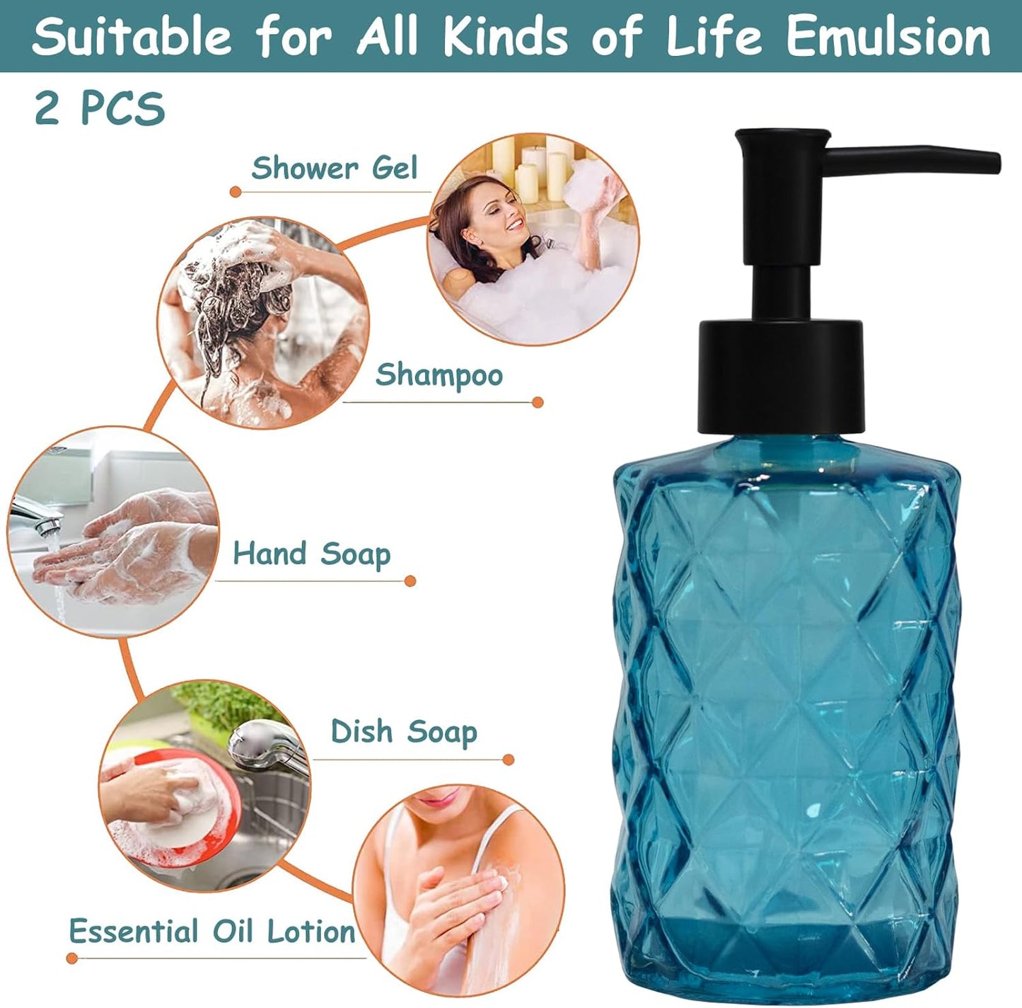 Blue Glass Soap Dispenser with Black Plastic Pump, 12oz Refillable Liquid Hand Soap Dispenser, 2 Pack Crystal Lotion Bottle for Modern Home Decor, Bathroom, Kitchen Countertop, Hotel