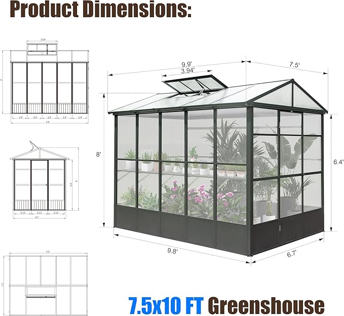 Domi 8x10FT Greenhouse, Polycarbonate Green House with Fully Auto Temperature Control Vent, Outdoor Full Aluminum Heavy Duty Greenhouse with Extra 8FT Walk-in Height for Garden Backyard, Dark Grey