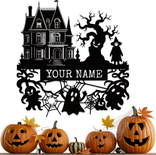 Personalized Haunted House Signs, Family Name Signs, Custom Halloween Metal Wall Art with Witch Bats Pumpkins Skull Ghost Spider, Gothic Home Decor for House, Halloween Party, Living Room