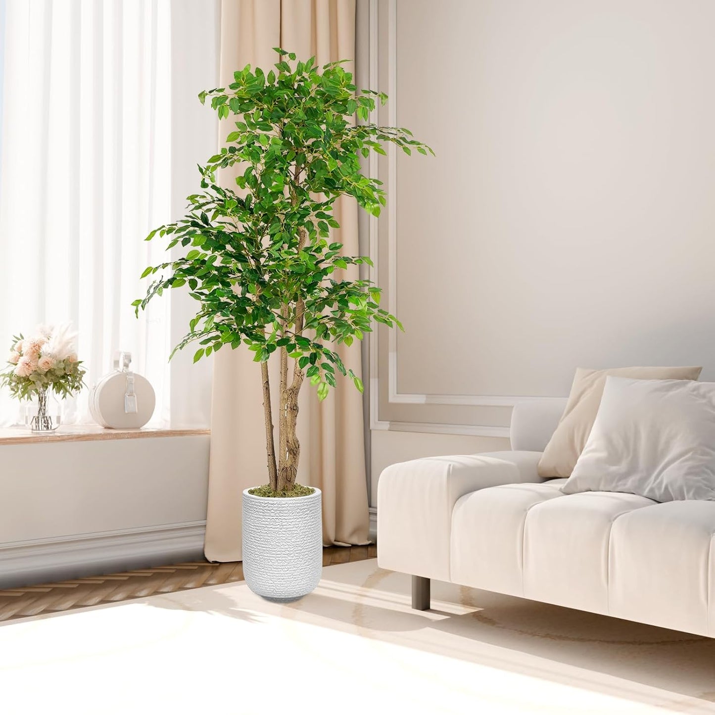 Ficus Tree Artificial with 3 Trunks, 6ft Fake Ficus Tree in White Magnesium Pot, Tall Artificial Tree Potted Plant for Indoor Outdoor Home Office Living Room Patio Bedroom Decor
