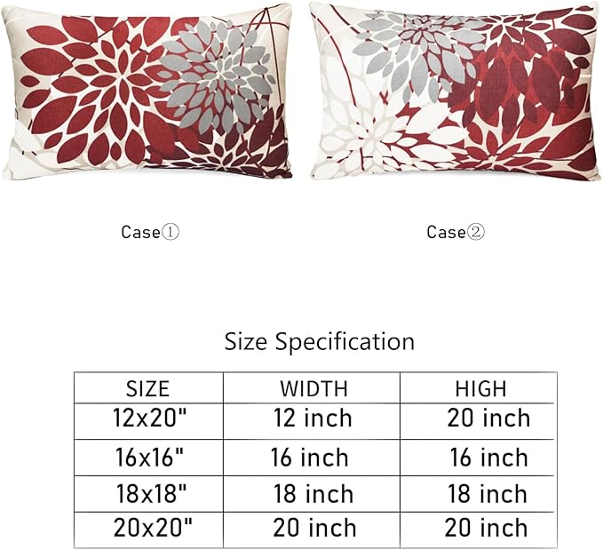 Wine Red Decorative Throw Pillow Covers 12x20 Inch Pillow Covers for Couch Living Room Bedroom Outdoor.Modern Sofa Throw Pillow Cover.Farmhouse Geometric Floral Linen Square Pillow Case.Set of 2