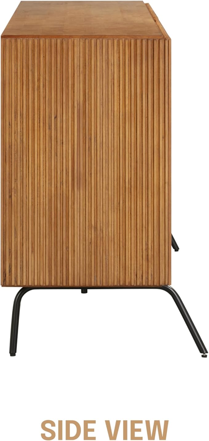 NTC Veil Modern Sideboard with 4 Doors, Buffet Cabinet with Vertical Groove Design and Metal Legs, Storage Cabinet for Living Room, and Hallway, Effortless Assembly, Teak Look